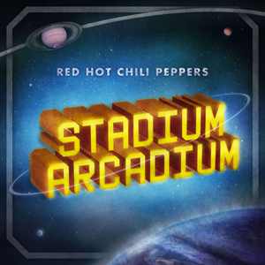 A space themed print with saturn in the back but earth taking up a whole corner and the words " Red Hot Chili Peppers Stadium Arcadium" in the center