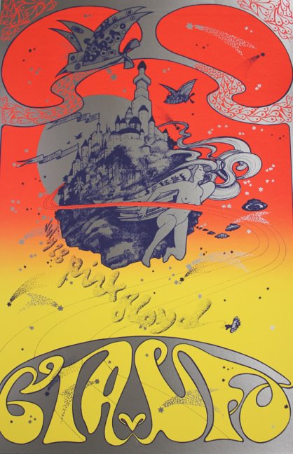 print of a floating island with a mysterious ship above with the words "CIA vs UFO" in funky writing at the foot