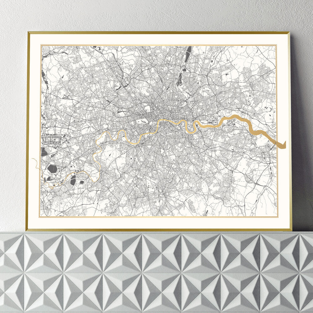 Catford Creative- London Map Screen Print | White & Gold- Unframed