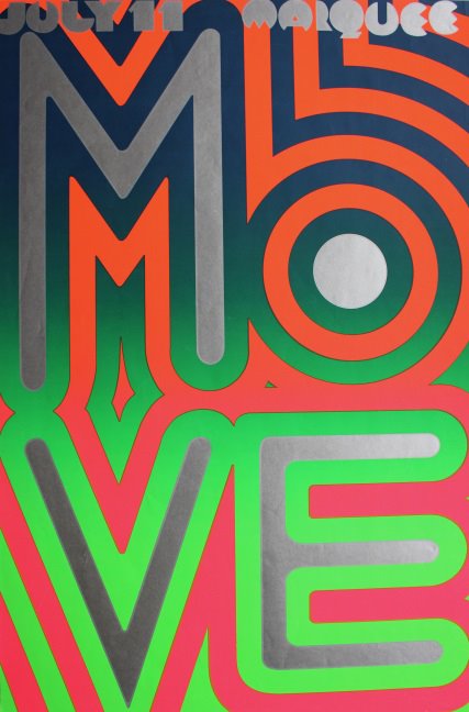 The word "move" in silver but wrapped in bright green and further surrounded by neon pink
