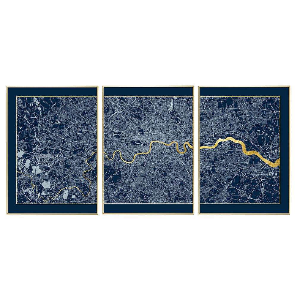 Catford Creative -London Triptych Map Screen Prints | Navy & Gold- Unframed