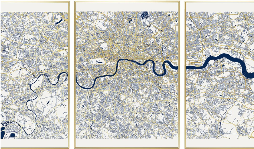Catford Creative - London Triptych Map Screen Prints | Navy River & Gold Streets