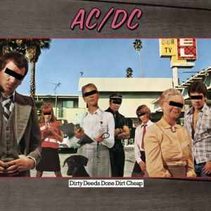 In a motel parking lot, various people dressed in clothing for different job roles with their eyes covered with a black bar. A black dog stands behind a veterinarian. The band's name, AC/DC labelled in pink text at the top