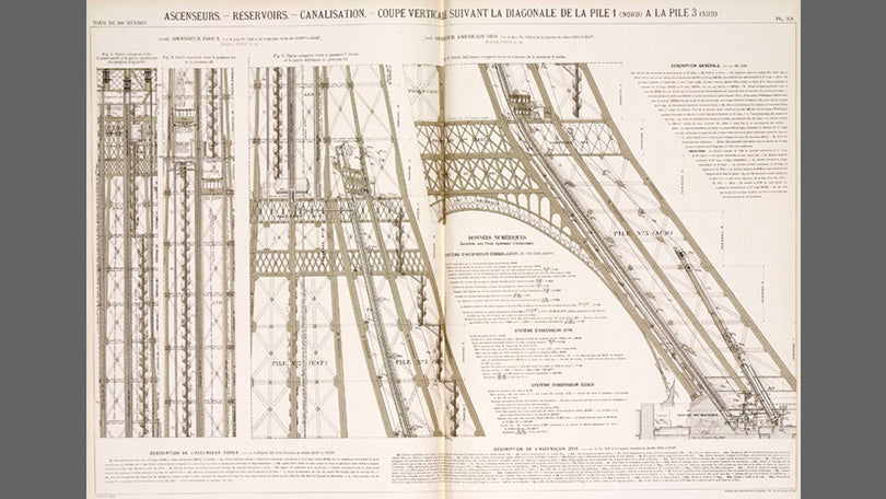 Detailed annotations of the eiffel tower giving the measurements and blueprints