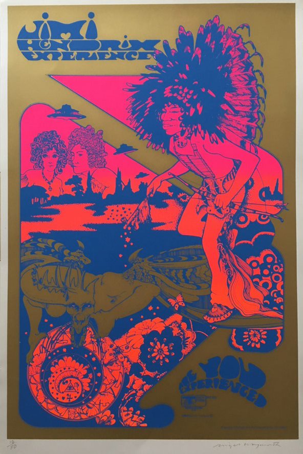 pink and blue psychedelic print of Hendrix surrounded by flowers and a dragon