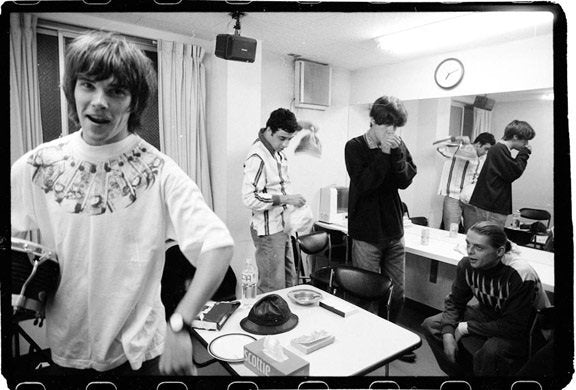 A shot of The Stone Roses (Left to right: Paul Slattery, Kevin Cummins & Ian Tilton) in their dressing room. 
