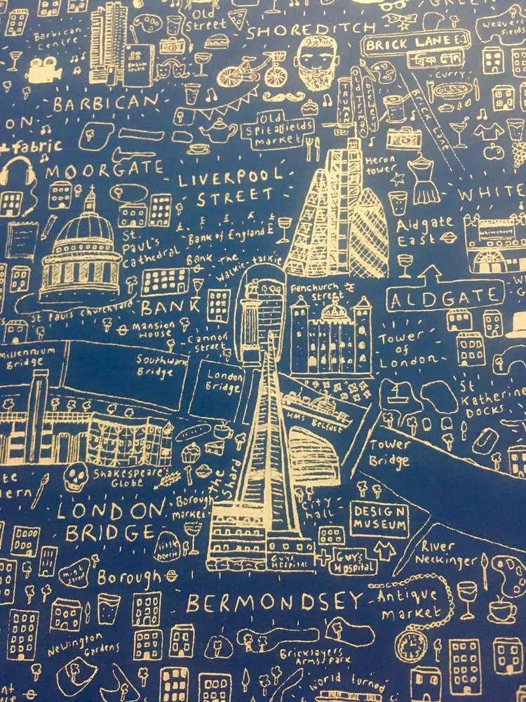 Illustrated Map of London – Black/ Blue Screen Print