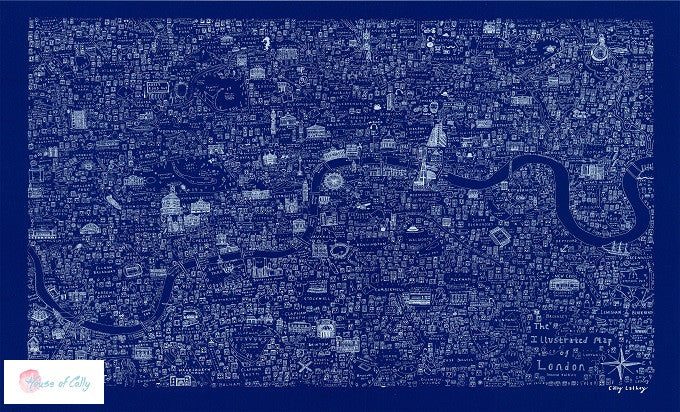 Illustrated Map of London – Black/ Blue Screen Print
